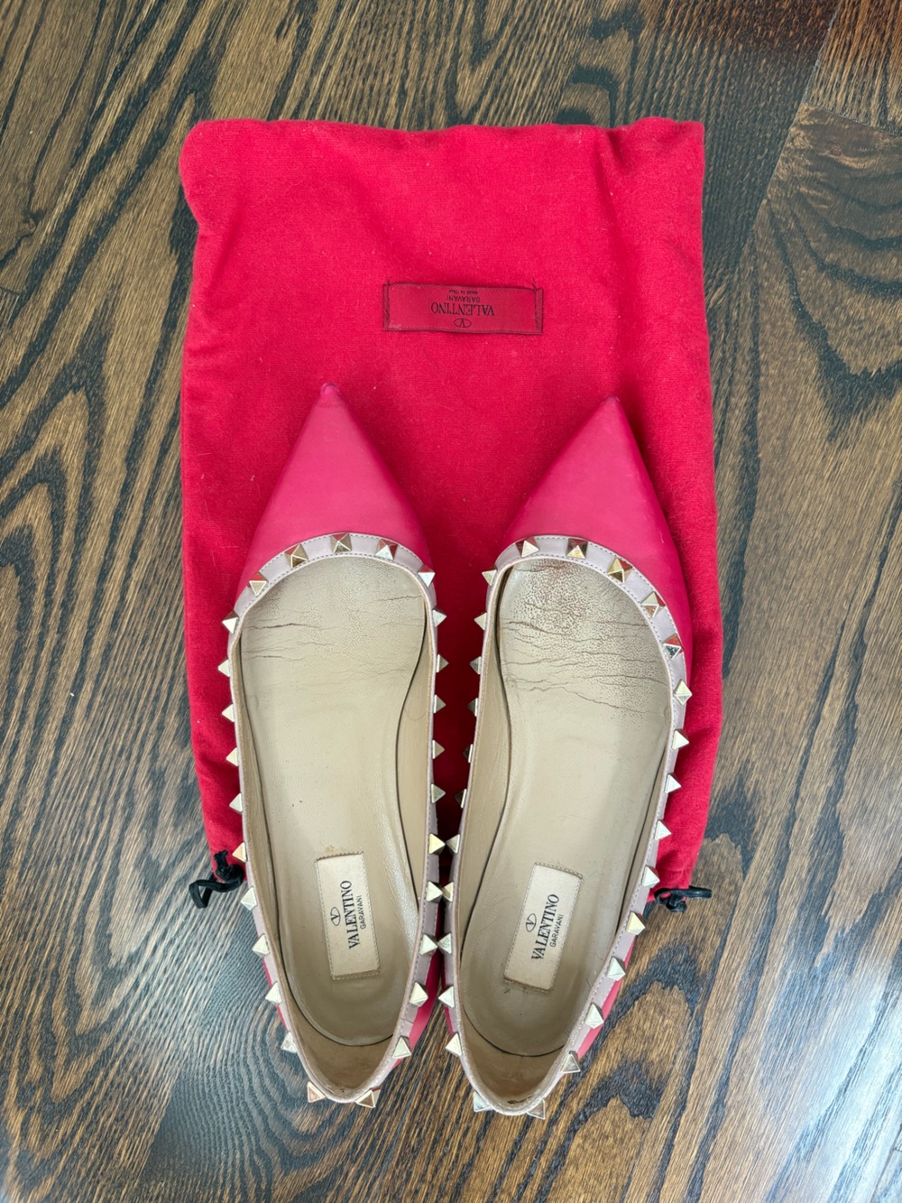 Valentino Red Pointed Rockstud Leather Flats with Gold Studs